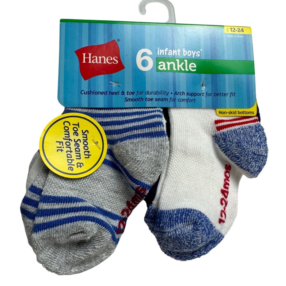 Hanes Infant Boys Ankle Socks 6 Pair Pack 12-24 Months Non-Skid TB27W6 Blue Grey